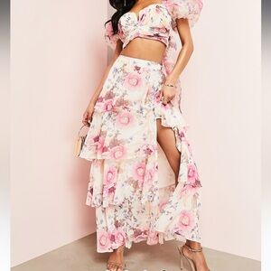 ASOS LUXE ruched wrap tiered maxi skirt in floral print